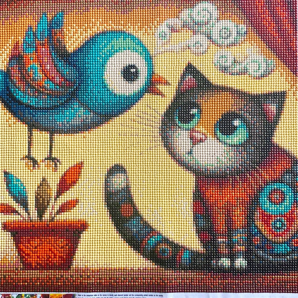Cartoon Cat and Singing Bird Diamond Dot Art Picture Painting